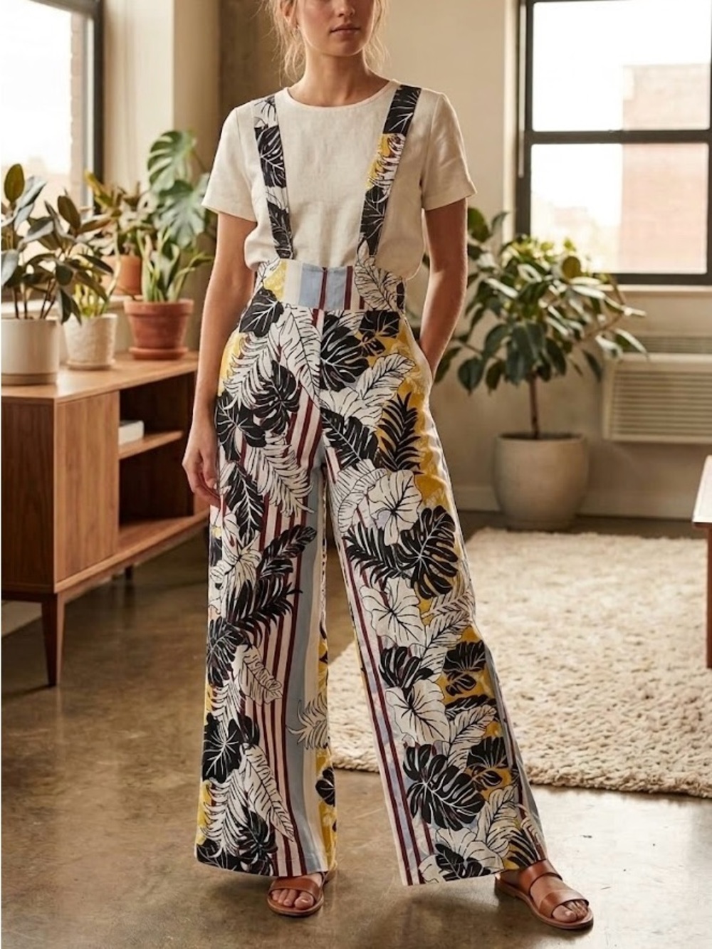 ZHU Tropical Palm Striped Wide Leg Palazzo Suspender Pants Bold Boho Maximalist